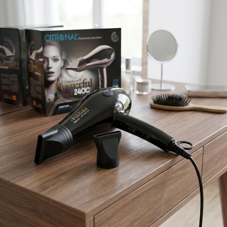 سشوار حرفهای سیترونال مدل 8590 با موتور AC 2400 وات، تنظیم دما در سه حالت، تنظیم سرعت دو سرعته، فناوری ضد الکتریسیته ساکن، همراه با دو سری متمرکزکننده هوا، مناسب استفاده حرفهای و خانگی
