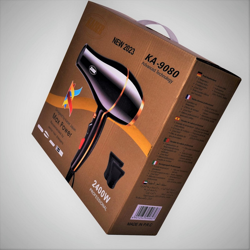 سشوار حرفهای 2400 وات کایسر مدل Max Power کد KA-9080، موتور AC، وزن 1000 گرم، المنت تیتانیوم، دارای سری متمرکزکننده باریک، متمرکزکننده پهن با ویژگی صافکنندگی، حجمدهندگی، با قابلیت باد سرد