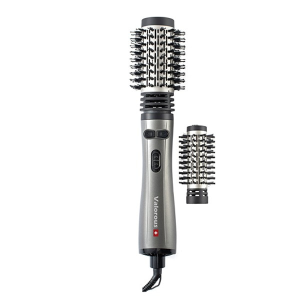 سشوار برسدار چرخشی 1200 وات والوروس مدل VL-507، موتور AC، وزن 950 گرم، المنت سرامیک، دارای سری برسدار گرد باریک، سری برسدار گرد پهن با ویژگی فرکنندگی، صافکنندگی، حجمدهندگی، با قابلیت تنظیم دما