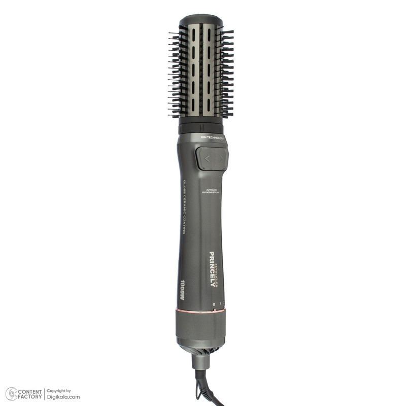 سشوار برسدار چرخشی 240 وات پرنسلی مدل PR312AT، موتور DC، وزن 1430 گرم، دارای سری شانهدار، سری برسدار گرد پهن، سری چرخشی، کیف نگهدارنده، سری دندانهدار با ویژگی فرکنندگی، صافکنندگی، حجمدهندگی