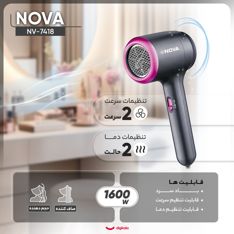 سشوار خانگی 1600 وات نوا مدل NV-7418، موتور DC، وزن 400 گرم، دارای سری متمرکزکننده باریک با ویژگی صافکنندگی، حجمدهندگی، با قابلیت باد سرد