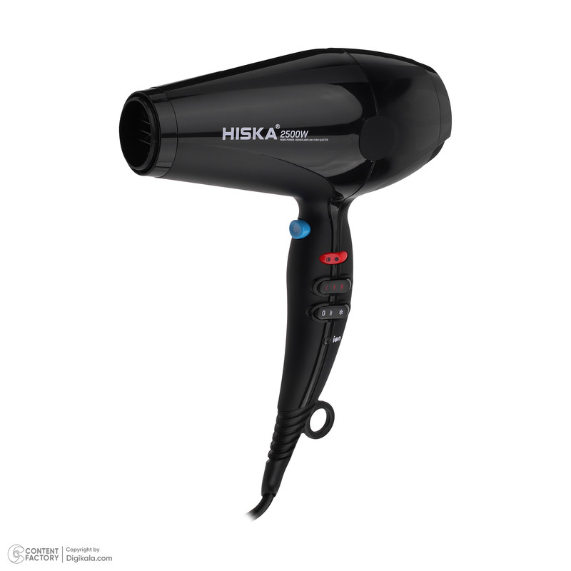 سشوار حرفهای هیسکا مدل H5261 با موتور AC پرقدرت 2500 وات، فناوری تولید یون، دکمه باد سرد، تنظیم دما در چهار حالت، کنترل سرعت دو حالته، وزن 1350 گرم، به همراه دیسپانسر و 2 عدد سری متمرکزکننده