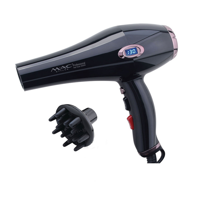 سشوار حرفهای 2500 وات مک استایلر مدل MC-6685A، موتور AC، وزن 800 گرم، المنت سرامیک، دارای سری دیسپانسر، متمرکزکننده باریک، متمرکزکننده پهن با ویژگی صافکنندگی، حجمدهندگی، با قابلیت باد سرد، فناوری تولید یون