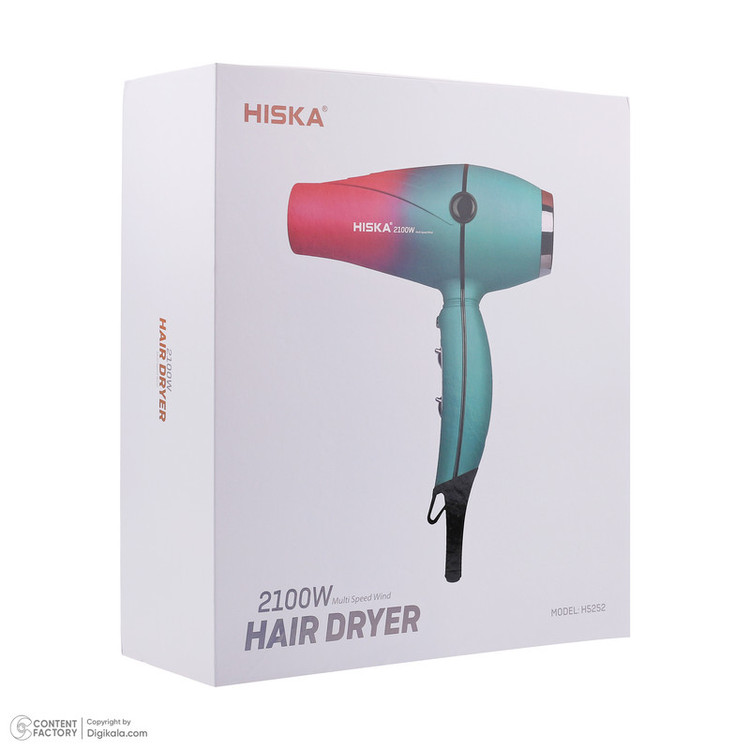 سشوار حرفهای هیسکا مدل H5252 با موتور AC پرقدرت 2100 وات، تنظیم دما و سرعت در سه حالت، تکنولوژی آیونیک، دکمه باد سرد، سری حجمدهنده و کابل 3 متری