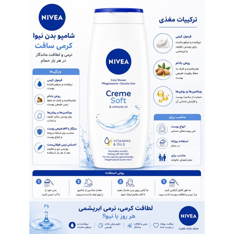 شامپو بدن نیوآ مدل Soft Care با رایحه خنک مناسب برای انواع پوست حجم 500 میلیلیتر