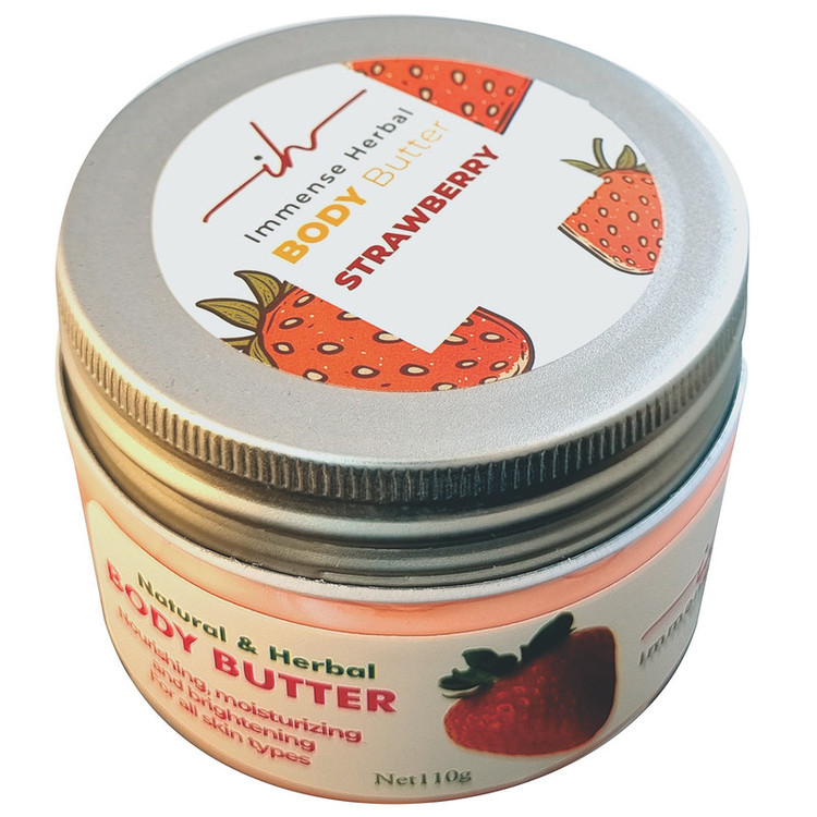 کره بدن ایمنس هربال مدل VIP_STRAWBERRY وزن 110 گرم با رایحه توت فرنگی، مرطوبکننده و روشنکننده پوست، حاوی کره کاکائو، شی باتر، روغن جوجوبا، روغن جوانه گندم، روغن نارگیل و موم زنبور عسل، مناسب انواع پوست و ضد خشکی و ضد چروک