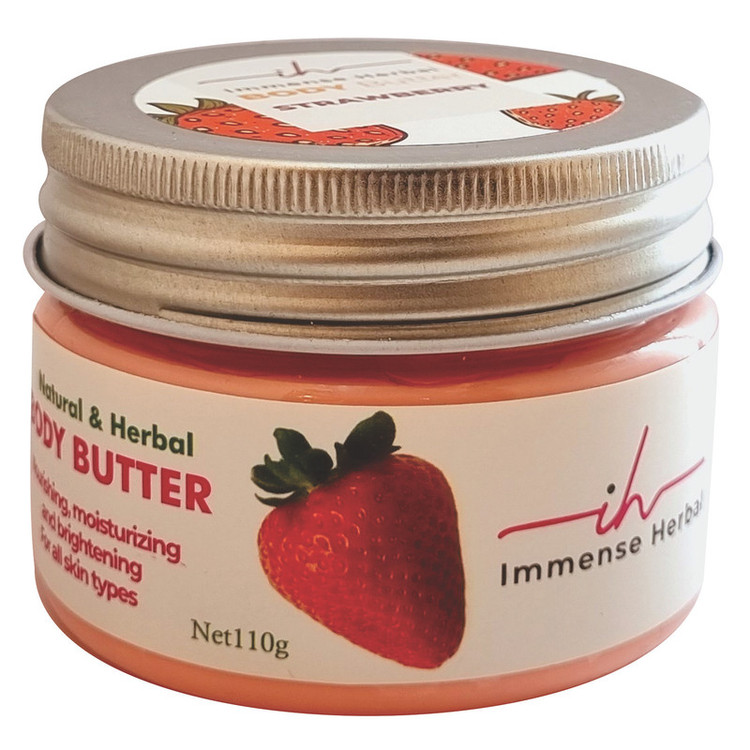کره بدن ایمنس هربال مدل VIP_STRAWBERRY وزن 110 گرم با رایحه توت فرنگی، مرطوبکننده و روشنکننده پوست، حاوی کره کاکائو، شی باتر، روغن جوجوبا، روغن جوانه گندم، روغن نارگیل و موم زنبور عسل، مناسب انواع پوست و ضد خشکی و ضد چروک