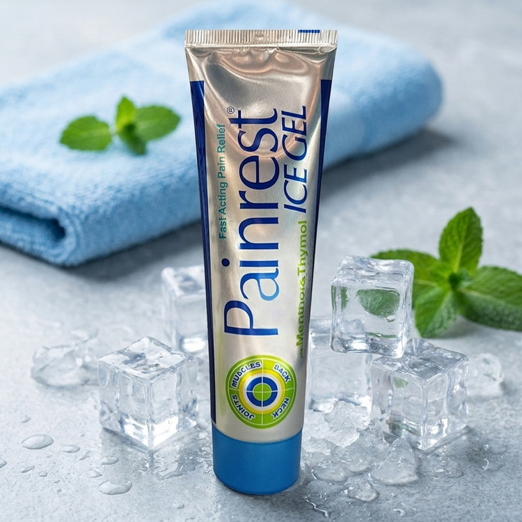 ژل ضد درد موضعی پین رست مدل ICE GEL حجم 100 میلیلیتر با اثر خنککنندگی منتول و تیمول، تسکین سریع اسپاسم، کوفتگی، کشیدگی عضلات، آرتریت و دردهای ورزشی، حاوی ویتامین E و B5، مناسب انواع پوست