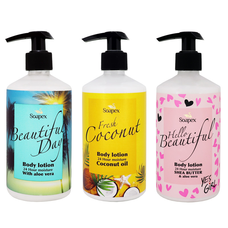 لوسیون بدن سوپکس مدل ACS حجم 350 میلیلیتر مجموعه 3 عددی با عصاره آلوئهورا، روغن نارگیل و شیباتر، مرطوبکننده، ترمیمکننده و پیشگیری از خشکی و پیری پوست، مناسب بانوان و آقایان