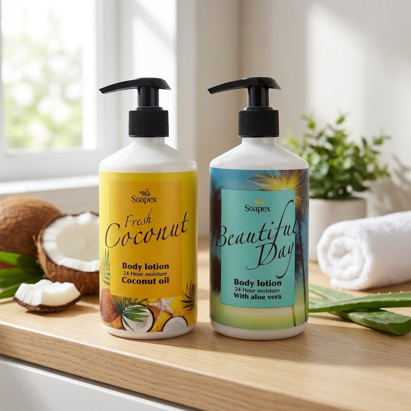لوسیون بدن سوپکس مدل Coconut oil و Aloe vera حجم 350 میلیلیتر، آبرسان، مرطوبکننده، ترمیمکننده با عصاره آلوئه ورا و روغن نارگیل، بسته 2 عددی