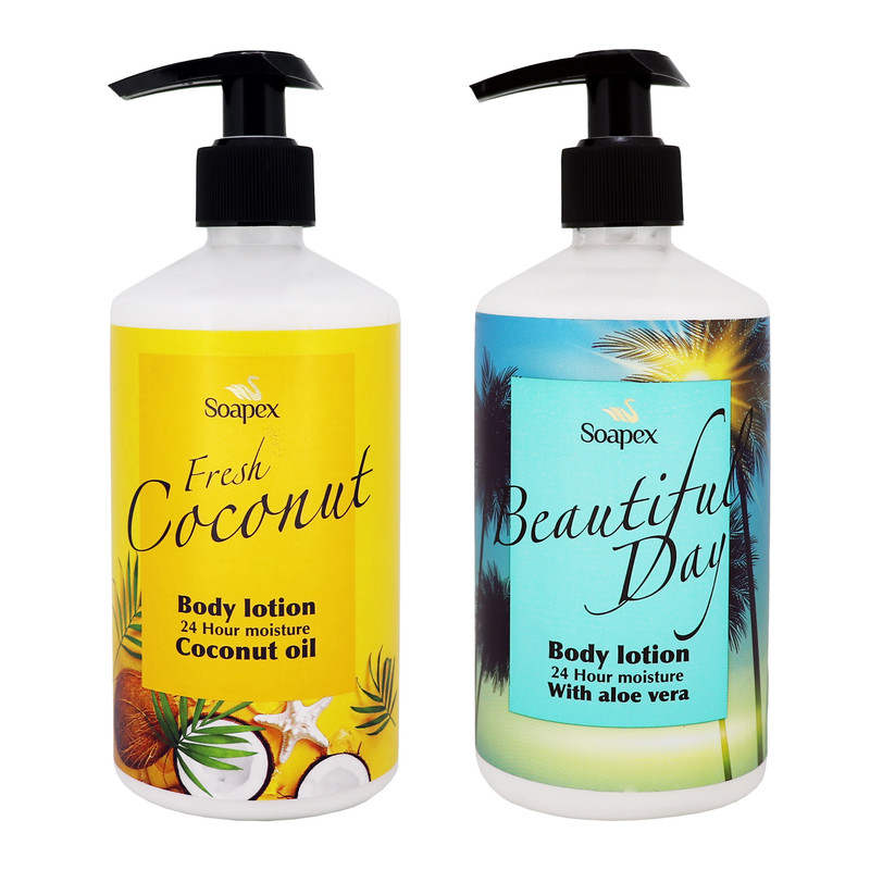 لوسیون بدن سوپکس مدل Coconut oil و Aloe vera حجم 350 میلیلیتر، آبرسان، مرطوبکننده، ترمیمکننده با عصاره آلوئه ورا و روغن نارگیل، بسته 2 عددی