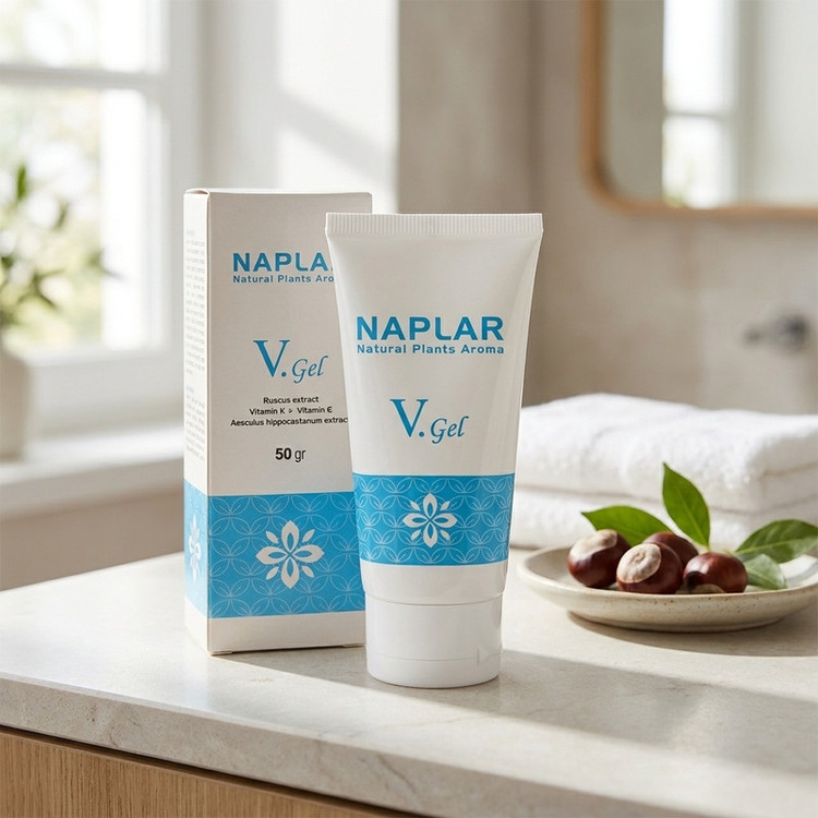 ژل موضعی واریس ناپلار مدل V-gel حجم 50 میلیلیتر حاوی عصاره کوله خاس و شاه بلوط هندی، تقویتکننده عروق سیاهرگی، کاهشدهنده درد، التهاب و سنگینی پا، مناسب انواع پوست و حاوی ویتامین K