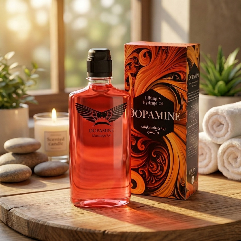 روغن ماساژ دوپامین مدل لیفت، آبرسان حجم 350 میلیلیتر، مرطوبکننده، ضد خشکی، ضد ورم و پف، با رایحه طبیعی و بدون سولفات و فرمالدئید