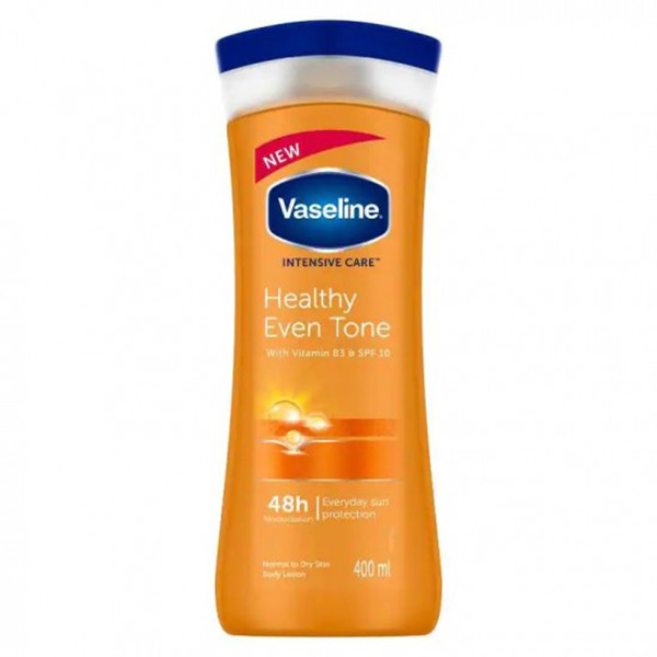 لوسیون بدن وازلین مدل Healthy Even Tone حجم 400 میلیلیتر، روشن کننده و یکدست کننده پوست، محافظ در برابر اشعه خورشید، ترمیم کننده پوست خشن و زبر، نرم کننده و مرطوب کننده، غنی شده با ویتامین B5، مناسب پوست خشک و معمولی، جذب سریع