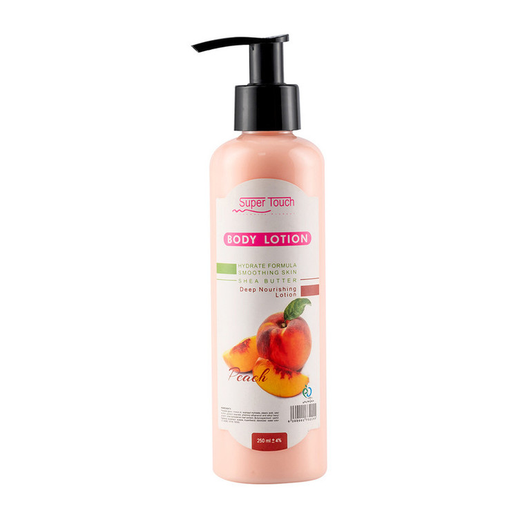 لوسیون بدن سوپرتاچ مدل هلو حجم 250 میلیلیتر، مرطوبکننده و آبرسان عمقی، حاوی شی باتر و عصاره آلوئه ورا، ضد خشکی، ضد لک و از بین برنده اسکار