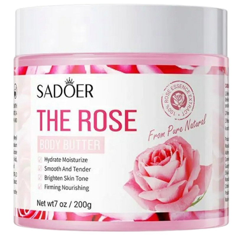 کره بدن سادور مدل The Rose حجم 250 میلیلیتر مرطوبکننده و ضد خشکی با ویتامین E، روغن بادام، آرگان و عصاره گل رز، ضد ترک، جوانساز، فاقد پارابن و مواد حساسیتزا، مناسب انواع پوست و استفاده پس از دوش