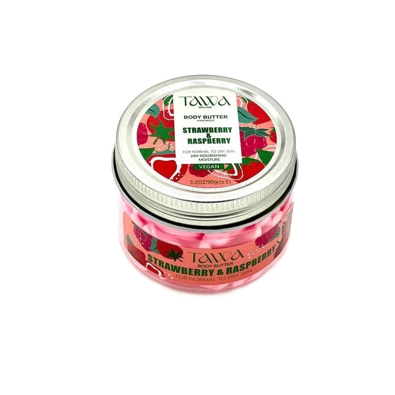 کره بدن توت فرنگی و رزبری تاوا 90 گرم مرطوبکننده غلیظ، ضد خشکی، ضد ترک، جمعکننده منافذ، مناسب انواع پوست، ارگانیک و بدون تست حیوانی، قابل استفاده پس از دوش