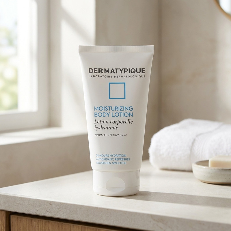 لوسیون بدن درماتیپیک مدل MOISTURIZING حجم 150 میلیلیتر، مرطوب کننده و آبرسان، حاوی هیالورونیک اسید، روغن آرگان و جوجوبا، مناسب پوست معمولی تا خشک، ضد التهاب و پیشگیری از پیری زودرس