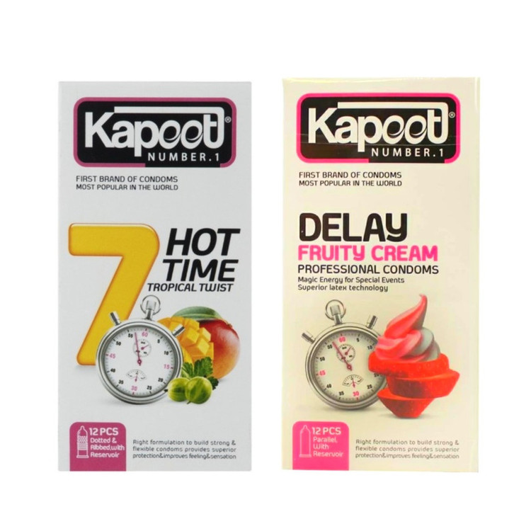 کاندوم تاخیری کاپوت مدل DELAY FRUITY CREAM بسته 12 عددی به همراه کاندوم خاردار کاپوت مدل 7HOT TIME بسته 12 عددی