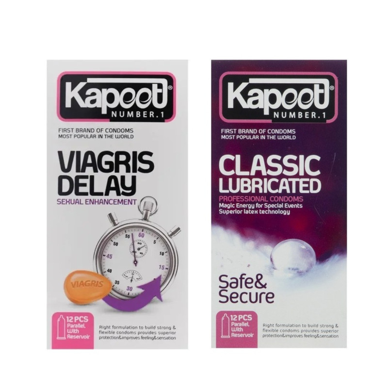 کاندوم کلاسیک کاپوت مدل LUBRICATED بسته 12 عددی به همراه کاندوم تاخیری کاپوت مدل VIAGRIS DELAY بسته 12 عددی
