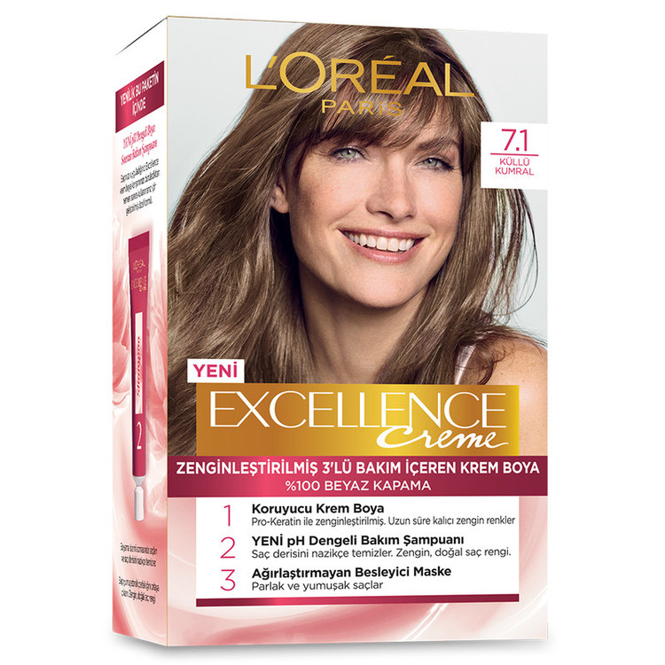 کیت رنگ مو لورآل مدل Excellence شماره 7.1 حجم 50 میلی لیتر بلوند دودی