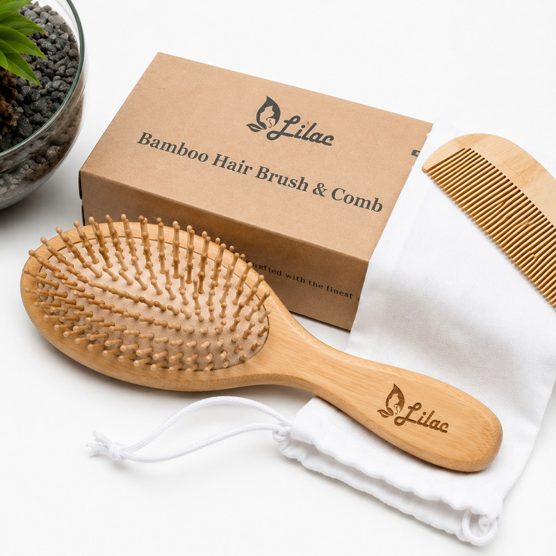 برس مو تخت لیلاک مدل Bamboo Oval با دندانههای چوبی