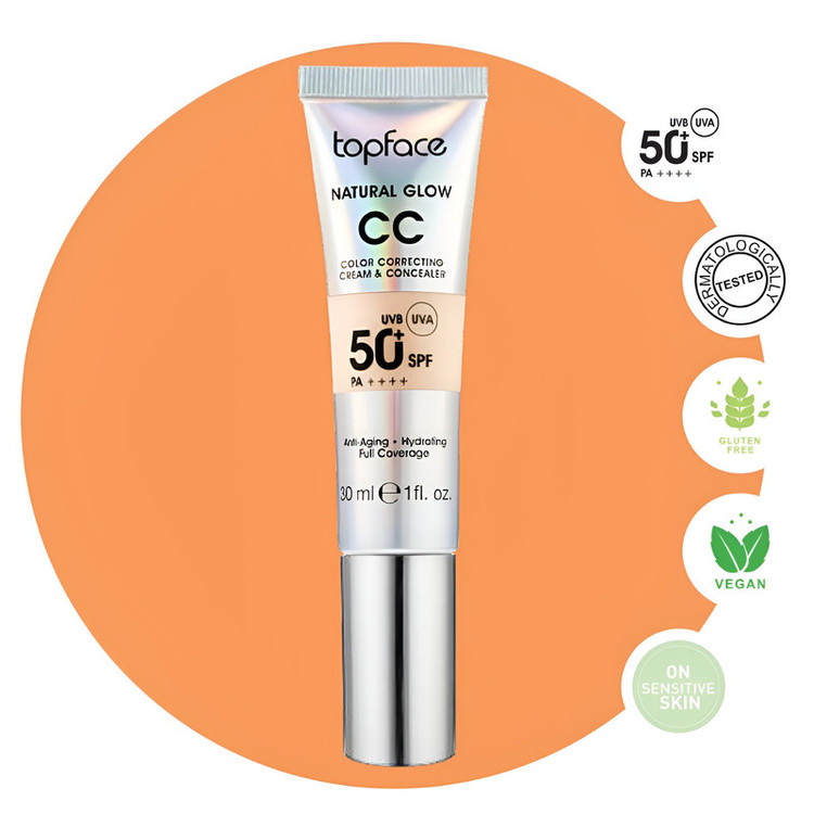کرم پودر CC مایع +SPF50 تاپ فیس مدل NATURAL GLOW شماره 005 مناسب برای انواع پوست حجم 30 میلی لیتر