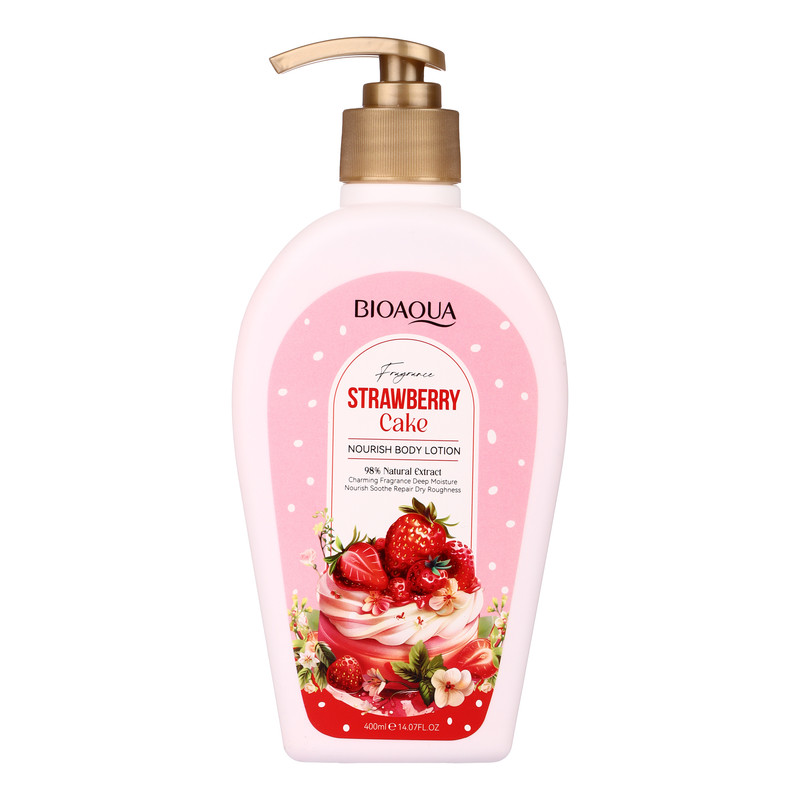 لوسیون بدن بی آکوا مدل Strawberry Cake مناسب برای انواع پوست حجم 400 میلی لیتر