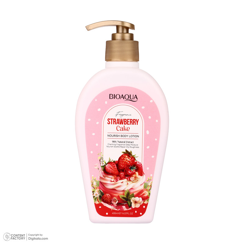 لوسیون بدن بی آکوا مدل Strawberry Cake مناسب برای انواع پوست حجم 400 میلی لیتر