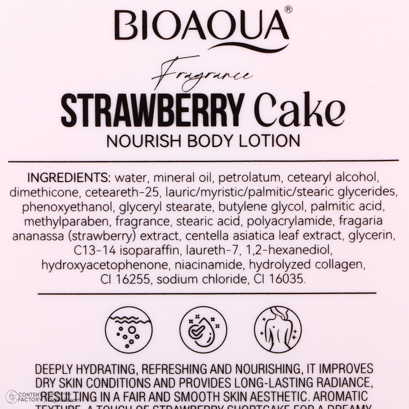لوسیون بدن بی آکوا مدل Strawberry Cake مناسب برای انواع پوست حجم 400 میلی لیتر