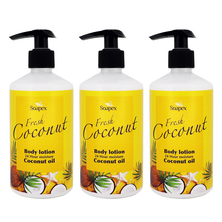 لوسیون بدن سوپکس مدل Coconut oil با روغن نارگیل، مرطوبکننده و ترمیمکننده با حجم 350 میلیلیتر مجموعه 3 عددی