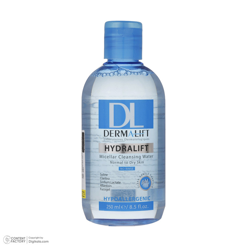 محلول پاک کننده آرایش صورت درمالیفت مدل HYDRALIFT مناسب برای پوست های معمولی و خشک حجم 250 میلی لیتر
